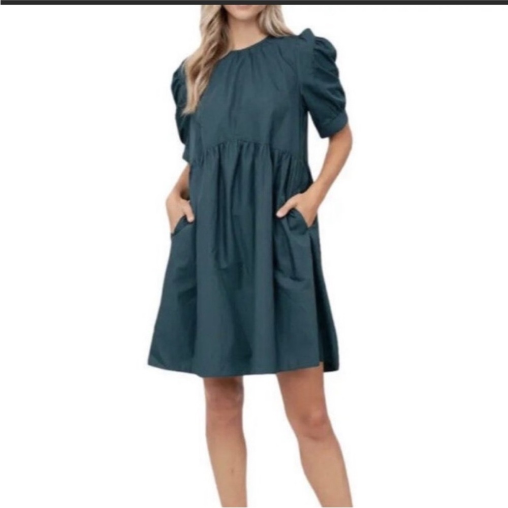 En saison poplin green puff sleeve mini dress